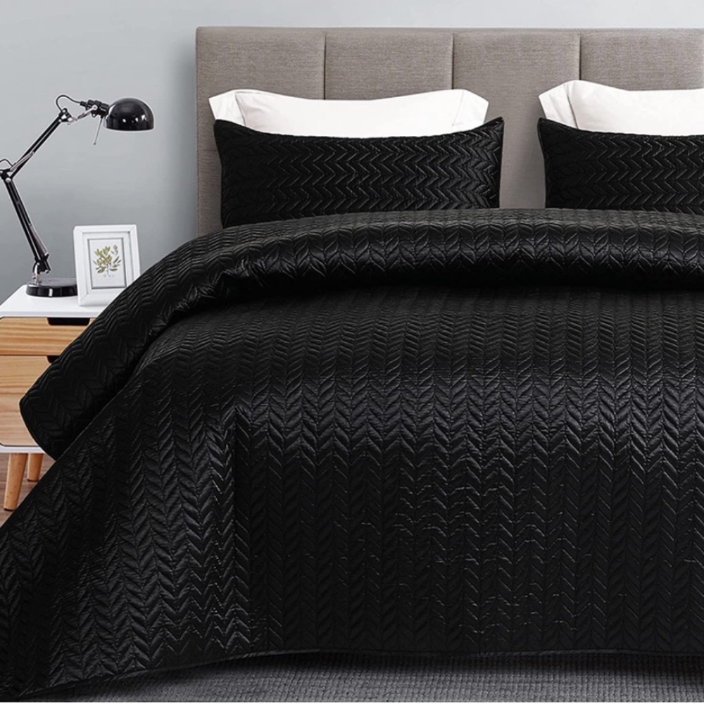 3-Piece Luxury Satin Quilt Set King Reversible Lightweight Black